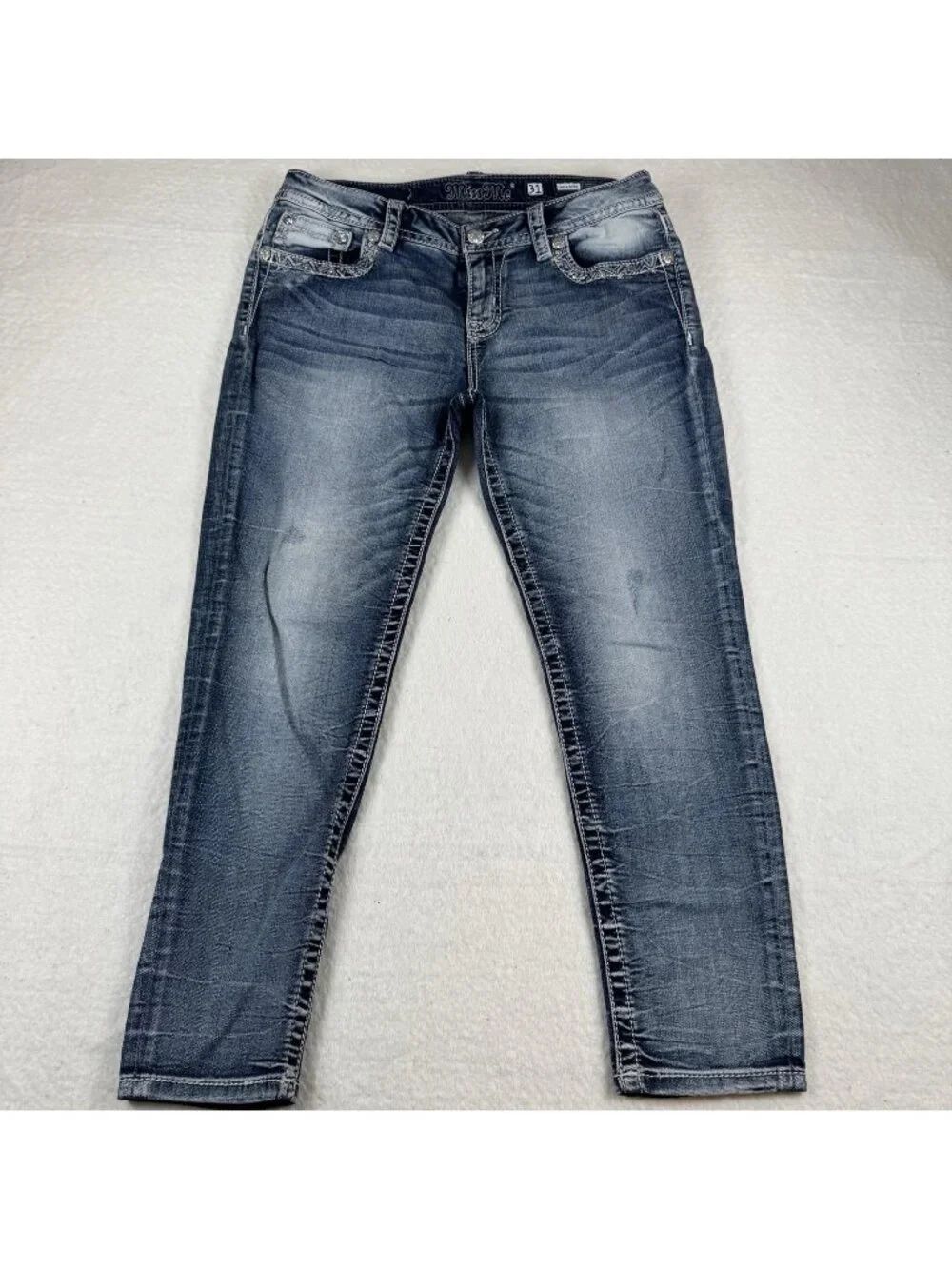 Miss Me Jeans Womens Size 31 Blue Ankle Skinny Embroidered Rhinestone Pockets